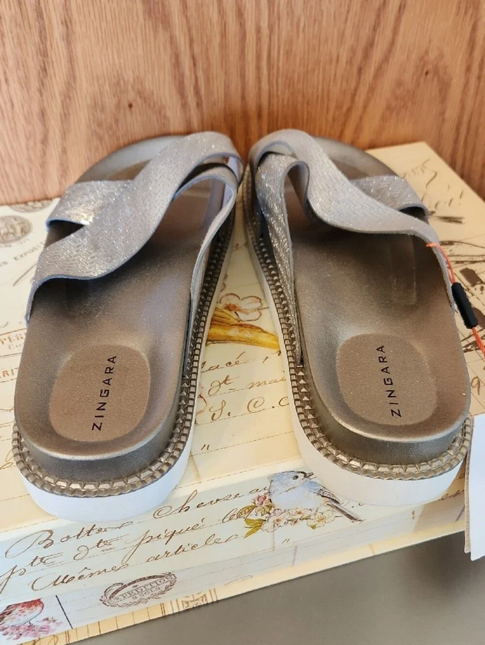 Women's Metallic Silver Cross-Strap Slide Sandals